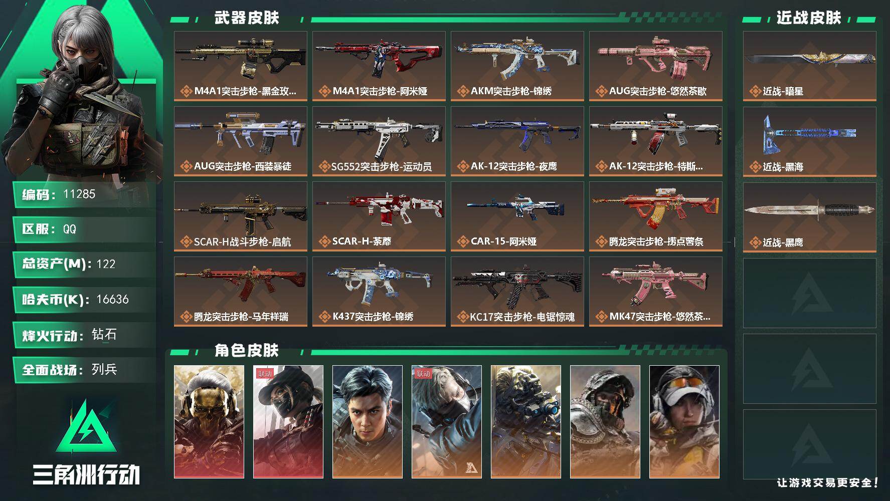 三角洲行动账号QQ【11285】122m总资产-16636k哈夫币-60烽火等级-钻石-37战场等级-列兵
【干员外观】：红狼-蚀金玫瑰，露娜-黑·天际线，威龙-飞虎，蜂医-送葬人·无题密令，无名-夜鹰，深蓝-不破誓约