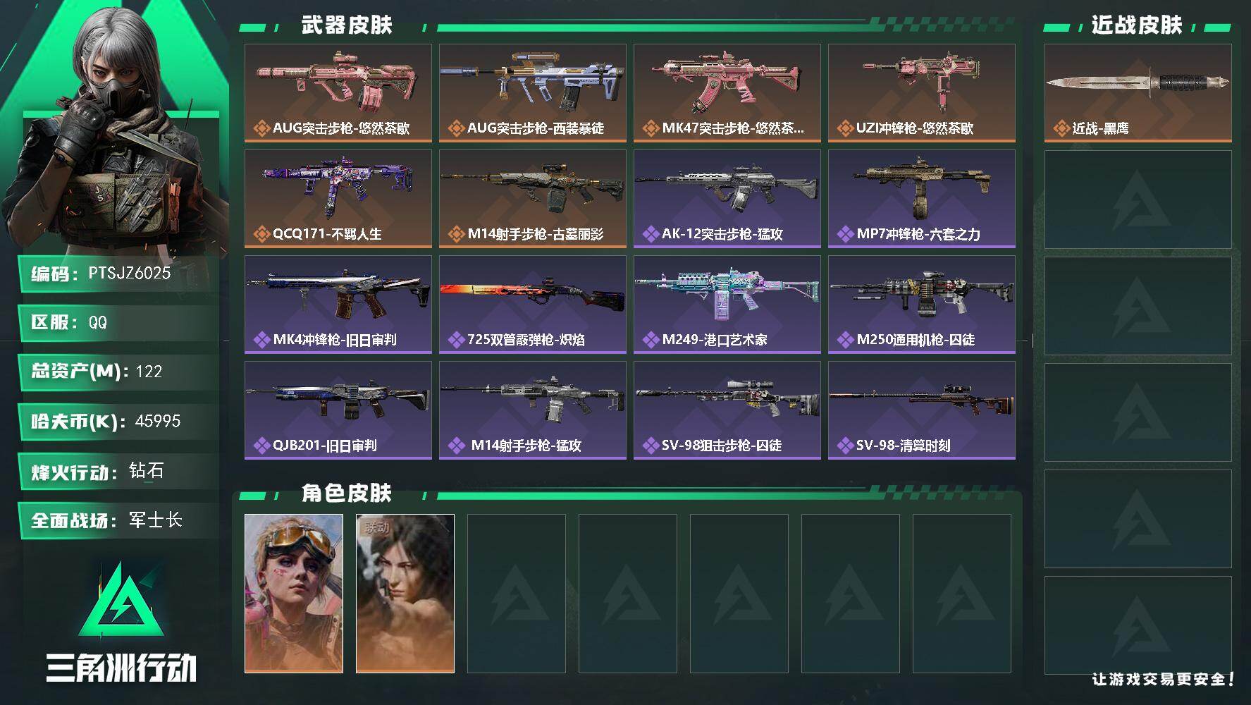 三角洲行动账号QQ【PTSJZ6025】总资产122M/哈夫币4599万/干员外观数2/传说枪皮数6/战场等级42/行