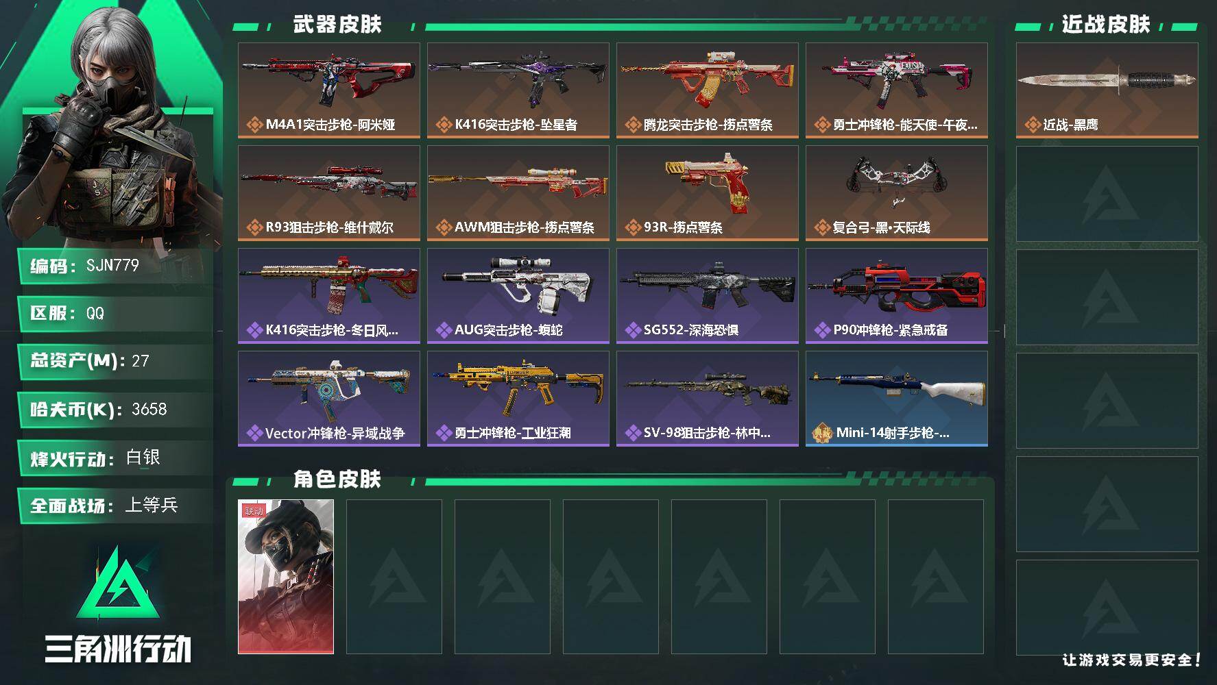 三角洲行动账号QQ【SJN779】总资产27M/哈夫币365万/干员外观数1/传说枪皮数8/战场等级26/行动等级29/安全箱等时效性道具以游戏内数据为准，详情请看图/露娜-黑·天际线/近战-黑鹰/M4A1突击步枪-