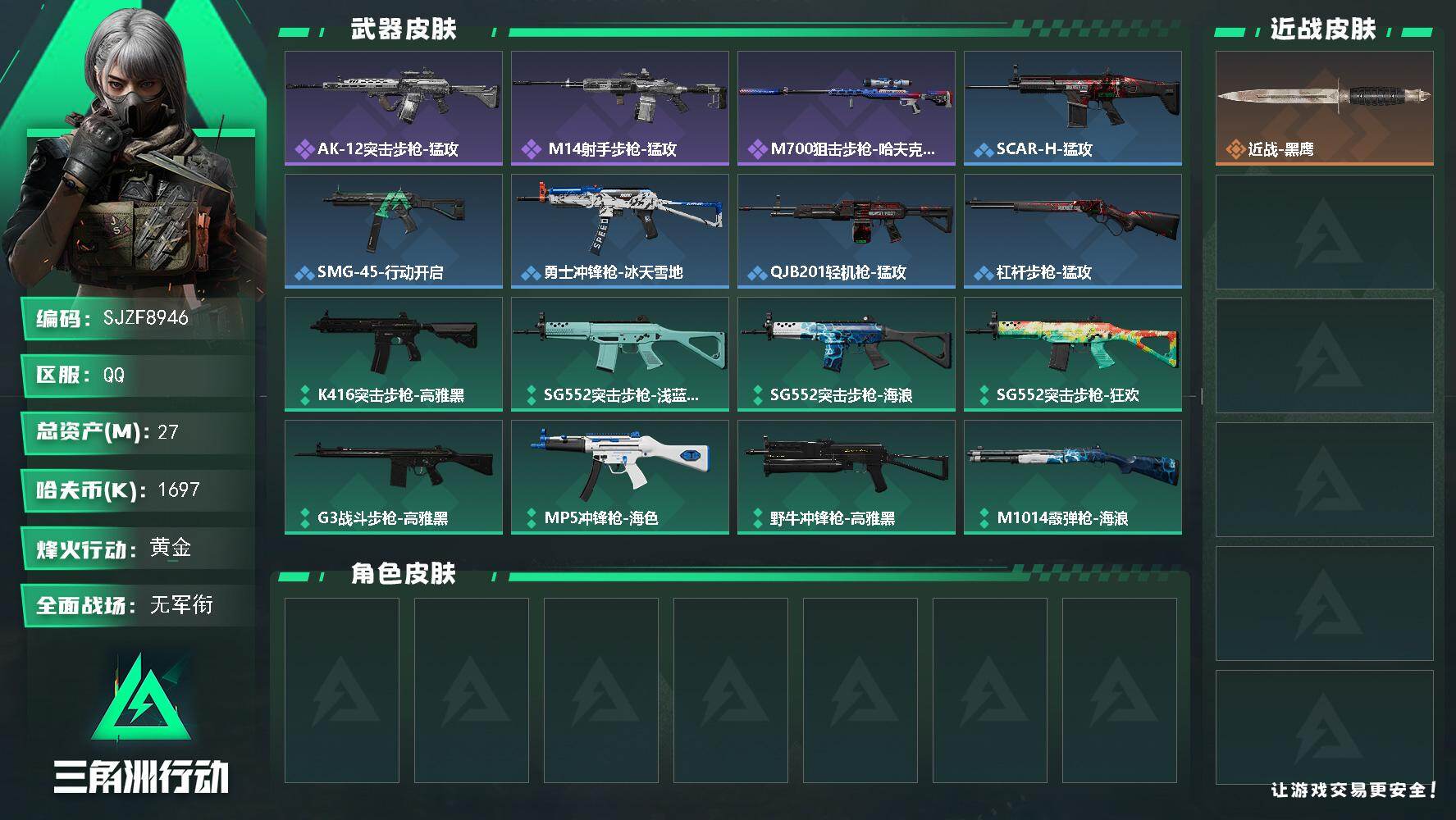 三角洲行动账号QQ【SJZF8946】总资产27M/哈夫币169万/战场等级1/行动等级41/安全箱等时效性道具以游戏内数据为准，详情请看图/近战-黑鹰/AK-12突击步枪-猛攻/ M14射手步枪-猛攻/M700狙击