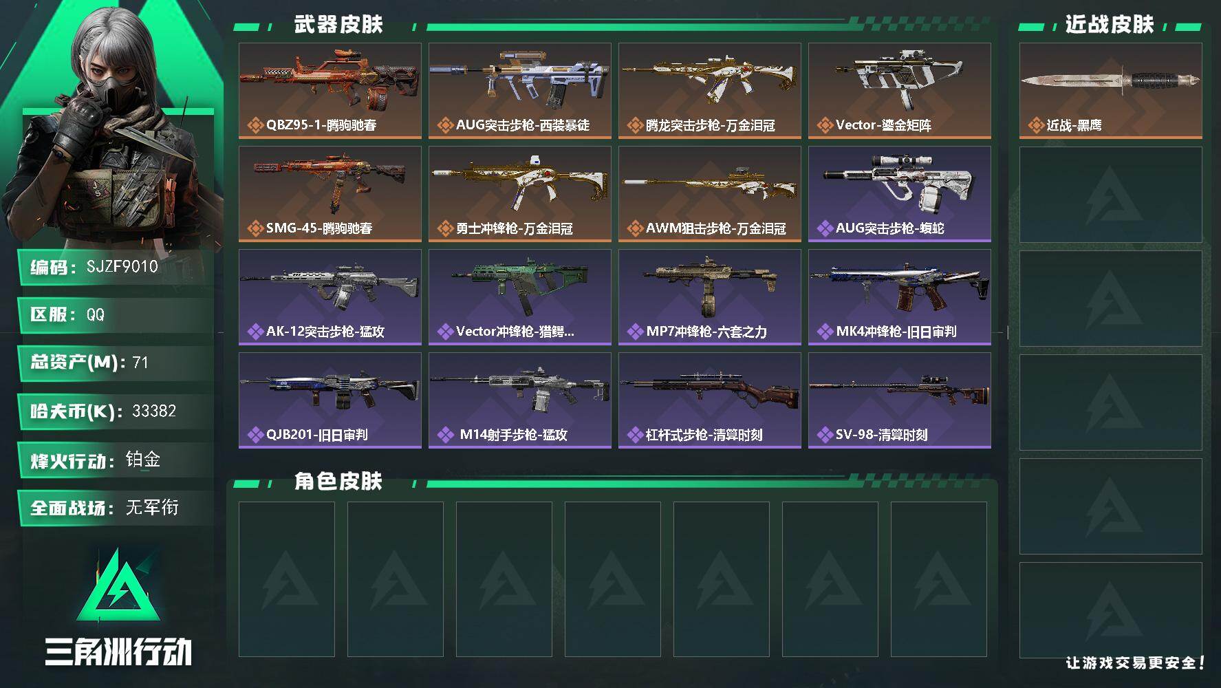 三角洲行动账号QQ【SJZF9010】总资产71M/哈夫币3338万/传说枪皮数7/战场等级5/行动等级60/安全箱等时效性道具以游戏内数据为准，详情请看图/近战-黑鹰/QBZ95-1突击步枪-腾驹驰春/AUG突击步