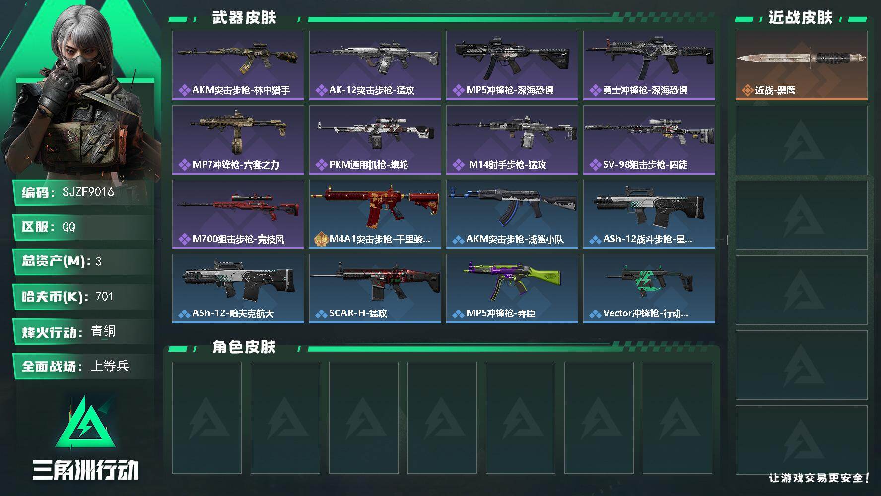 三角洲行动账号QQ【SJZF9016】总资产3M/哈夫币70万/战场等级26/行动等级41/安全箱等时效性道具以游戏内数据为准，详情请看图/近战-黑鹰/AKM突击步枪-林中猎手/AK-12突击步枪-猛攻/MP5冲锋枪