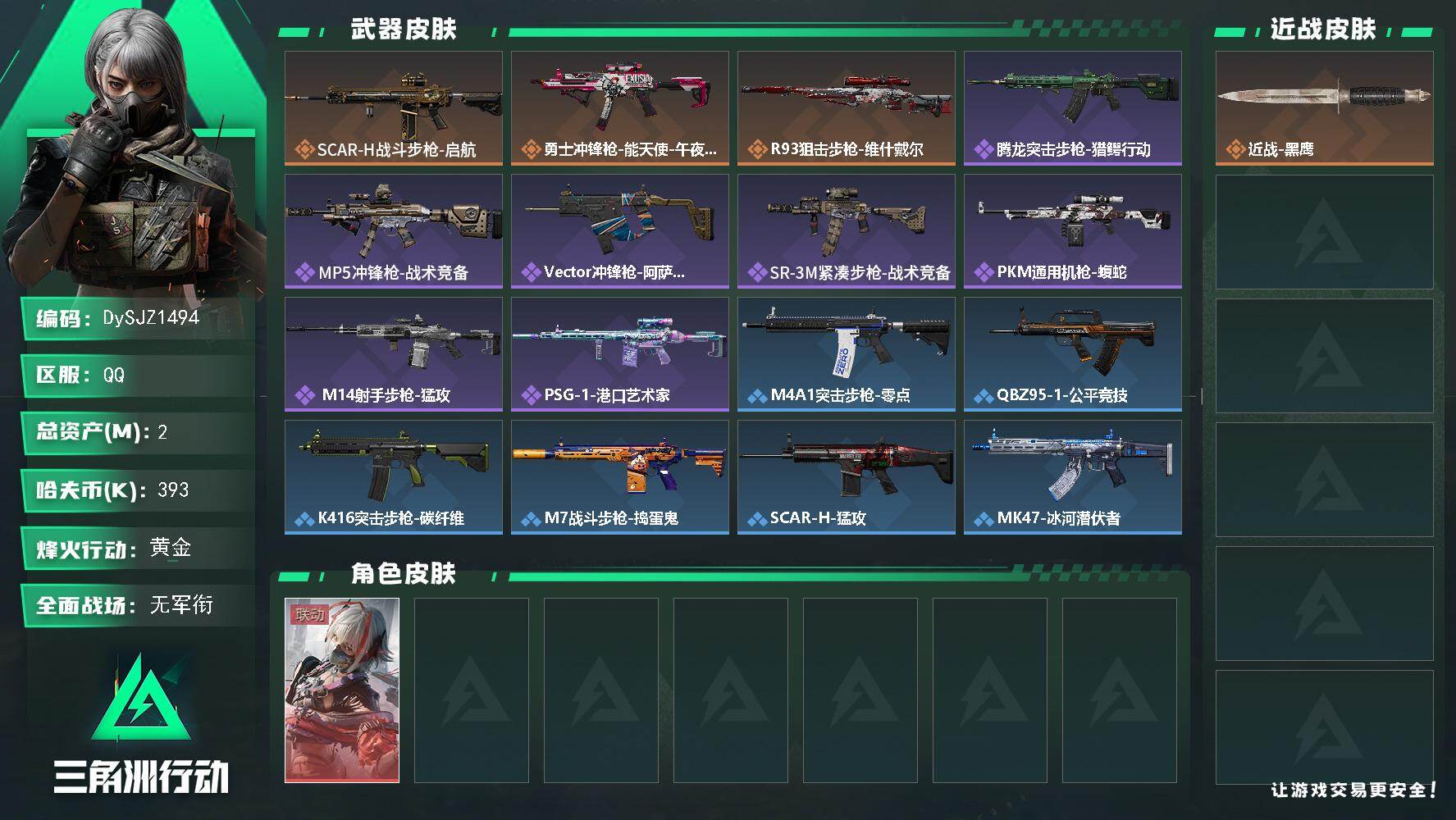 三角洲行动账号QQ2m总资产-393k哈夫币-48烽火等级-黄金-1战场等级-无军衔
【干员外观】：骇爪-维什戴尔
【近战皮肤】：近战-黑鹰
【传说外观】：SCAR-H战斗步枪-启航，勇士冲锋枪-能天使-午夜邮差，R