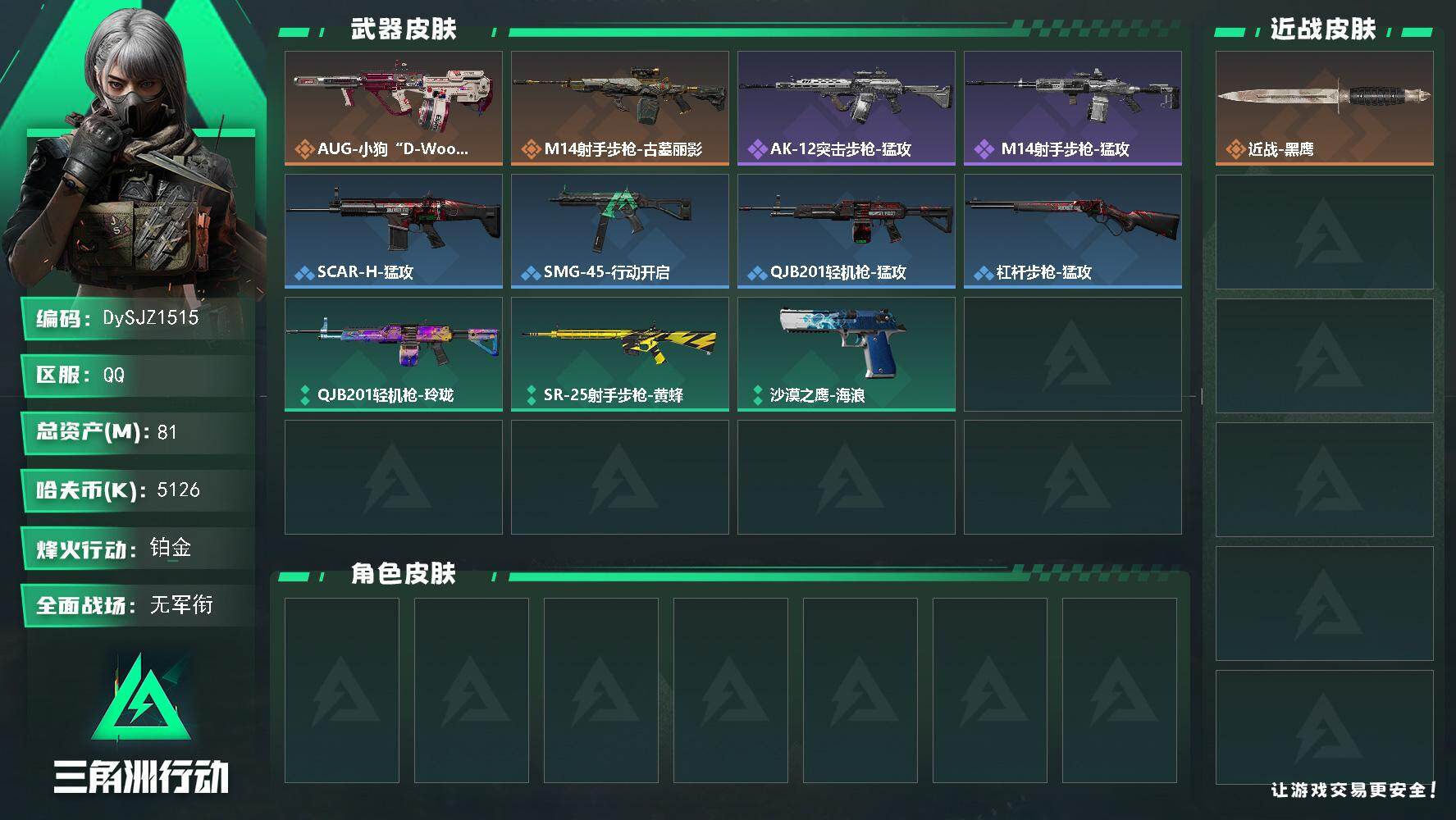 三角洲行动账号QQ81m总资产-5126k哈夫币-46烽火等级-铂金-1战场等级-无军衔
【近战皮肤】：近战-黑鹰
【传说外观】：AUG突击步枪-小狗“D-Woof”，M14射手步枪-古墓丽影
【史诗外观】：AK-1