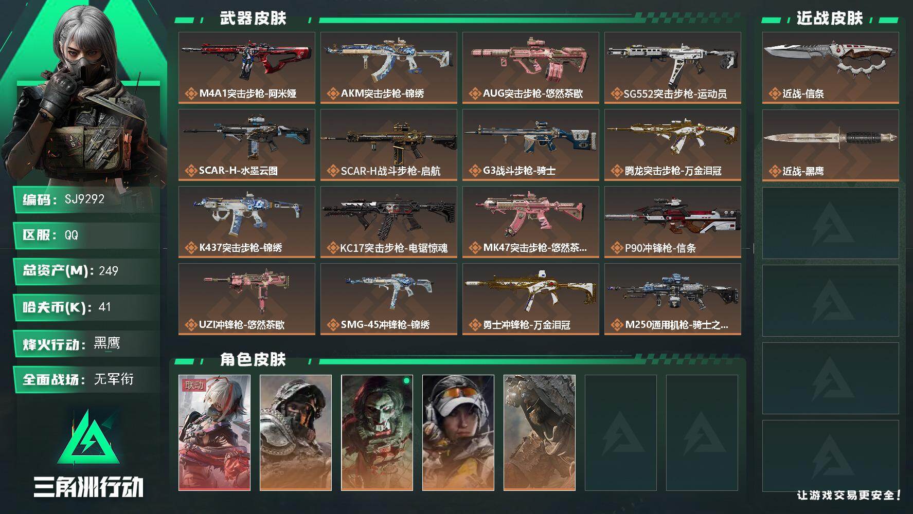 三角洲行动账号QQ【SJ9292】总资产249M/哈夫币4万/传说近战数1/干员外观数5/传说枪皮数21/战场等级3/