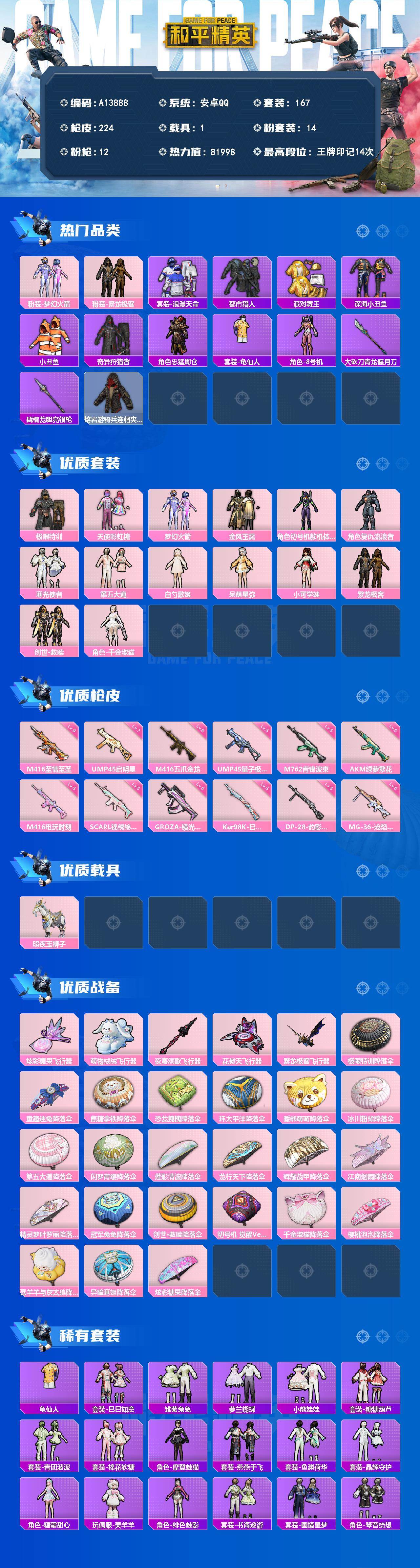 和平精英账号安卓QQ【A13888】167套装/枪械12/装备304/载具1/战备183/王牌印记14/热力值81998/五级AKM-绿萝繁花/五级SCAR-L-锦绣绵绵/六级M416-五爪金龙/九级M416-至情至圣