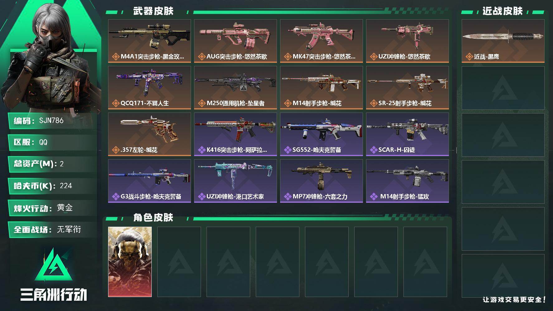 三角洲行动账号QQ【SJN786】总资产2M/哈夫币22万/干员外观数1/传说枪皮数9/战场等级1/行动等级56/安全箱等时效性道具以游戏内数据为准，详情请看图/红狼-蚀金玫瑰/近战-黑鹰/M4A1突击步枪-蚀金玫瑰