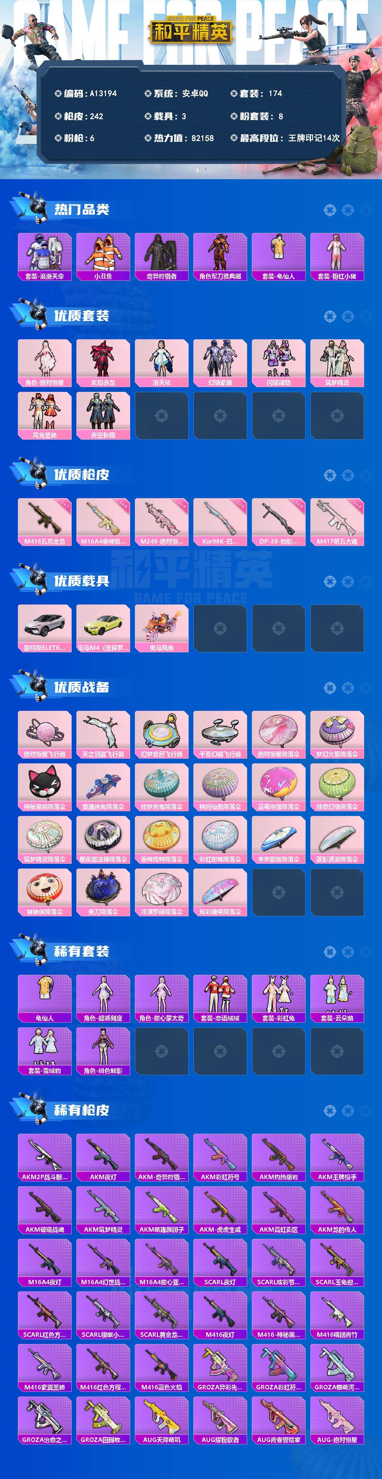 和平精英账号安卓QQ【A13194】174套装/枪械6/装备361/载具3/战备165/王牌印记14/热力值82158/六级M16A4-垂柳戏鸭/七级M416-五爪金龙/五级Kar98K-巳巳如意/四级M417-第五大