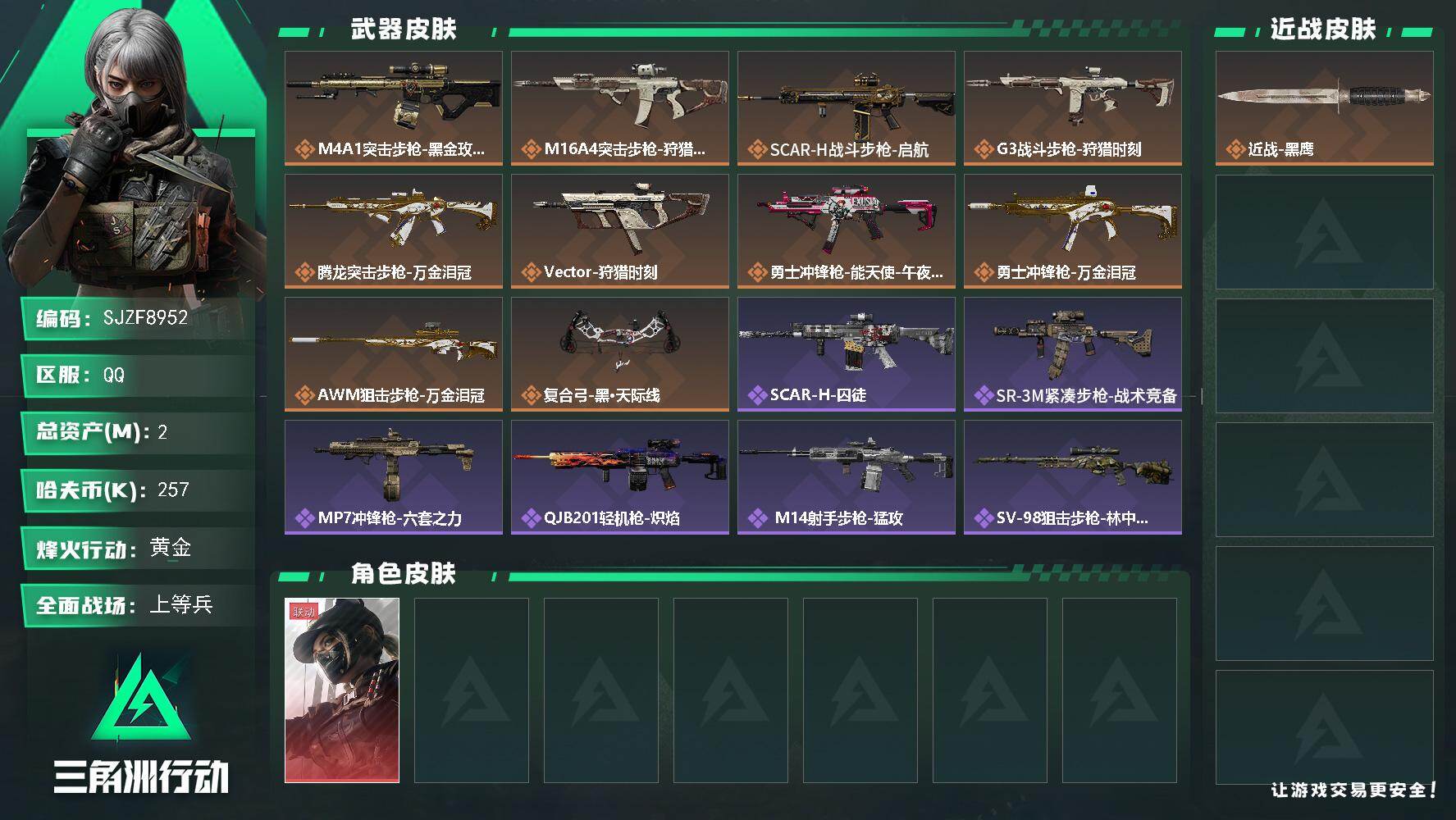 三角洲行动账号QQ【SJZF8952】总资产2M/哈夫币25万/干员外观数1/传说枪皮数10/战场等级42/行动等级43/安全箱等时效性道具以游戏内数据为准，详情请看图/露娜-黑·天际线/近战-黑鹰/M4A1突击步枪