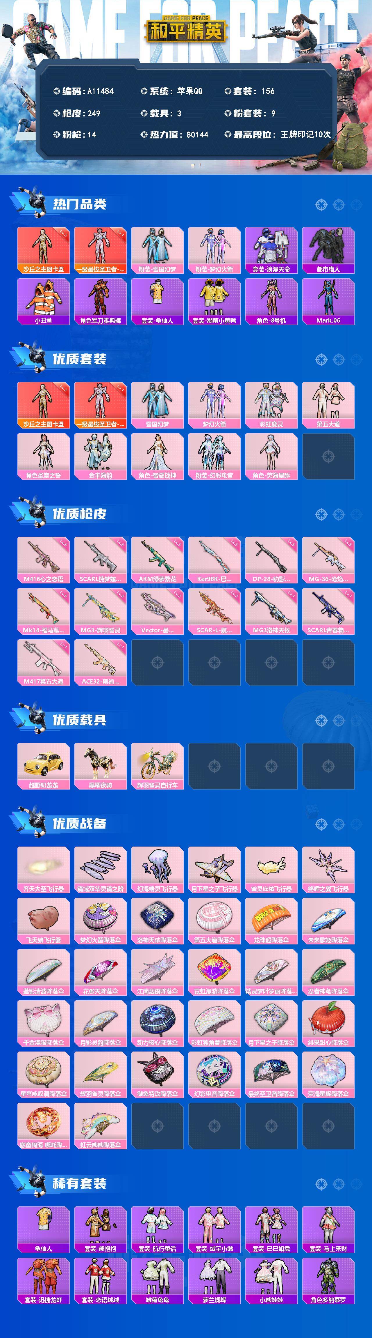 【A11484】156套装/枪械14/装备318/载具3/战备156/王牌印记10/热力值80144/五级AKM-绿萝繁花/一级SCAR-L-青春物语/六级SCAR-L-纯梦嫁纱/三级SCAR-L-