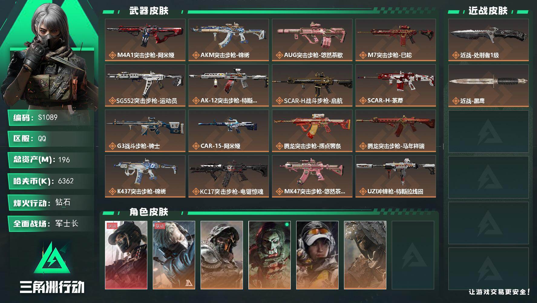 三角洲行动账号QQ【S1089】总资产(M)：196M/哈夫币(K)：6362K/哈夫币(K)：6362K/传说枪皮数：34/全面战场等级：32_段位：军士长/烽火地带等级：60_段位：钻石/露娜-黑·天际线/蜂医-