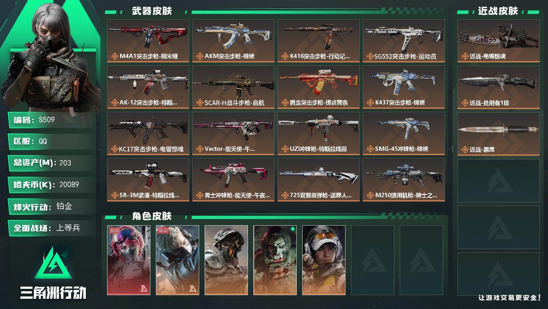 三角洲行动账号QQ【S509】总资产203M/哈夫币2008万/传说近战数2/干员外观数5/传说枪皮数24/战场等级34/行动等级60/安全箱等时效性道具以游戏内数据为准，详情请看图/蛊-能天使午夜邮差/蜂医-送葬人