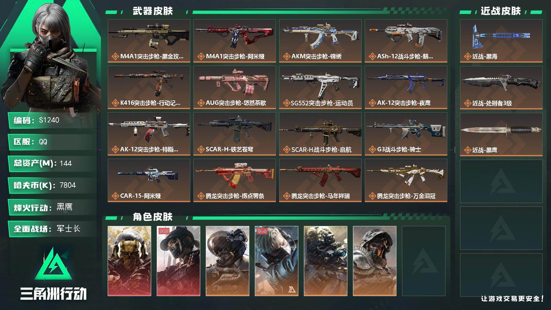 三角洲行动账号QQ【S1240】总资产144M/哈夫币780万/传说近战数1/传说枪皮数40/战场等级36/行动等级60/安全箱等时效性道具以游戏内数据为准，详情请看图/红狼-蚀金玫瑰/露娜-黑·天际线/威龙-壮志凌
