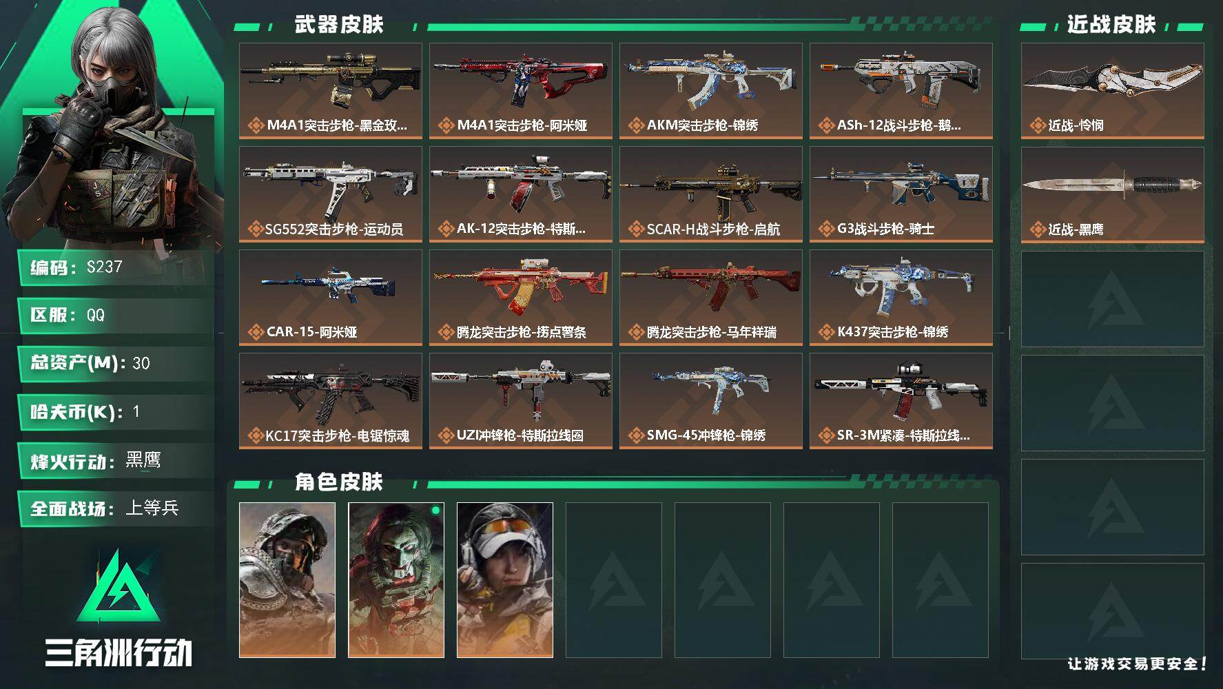 三角洲行动账号QQ【S237】总资产(M)：30M/哈夫币(K)：1K/哈夫币(K)：1K/传说枪皮数：28/全面战场等级：20_段位：上等兵/烽火地带等级：60_段位：黑鹰/藏品-非洲之心/深蓝-不破誓约/红狼-电