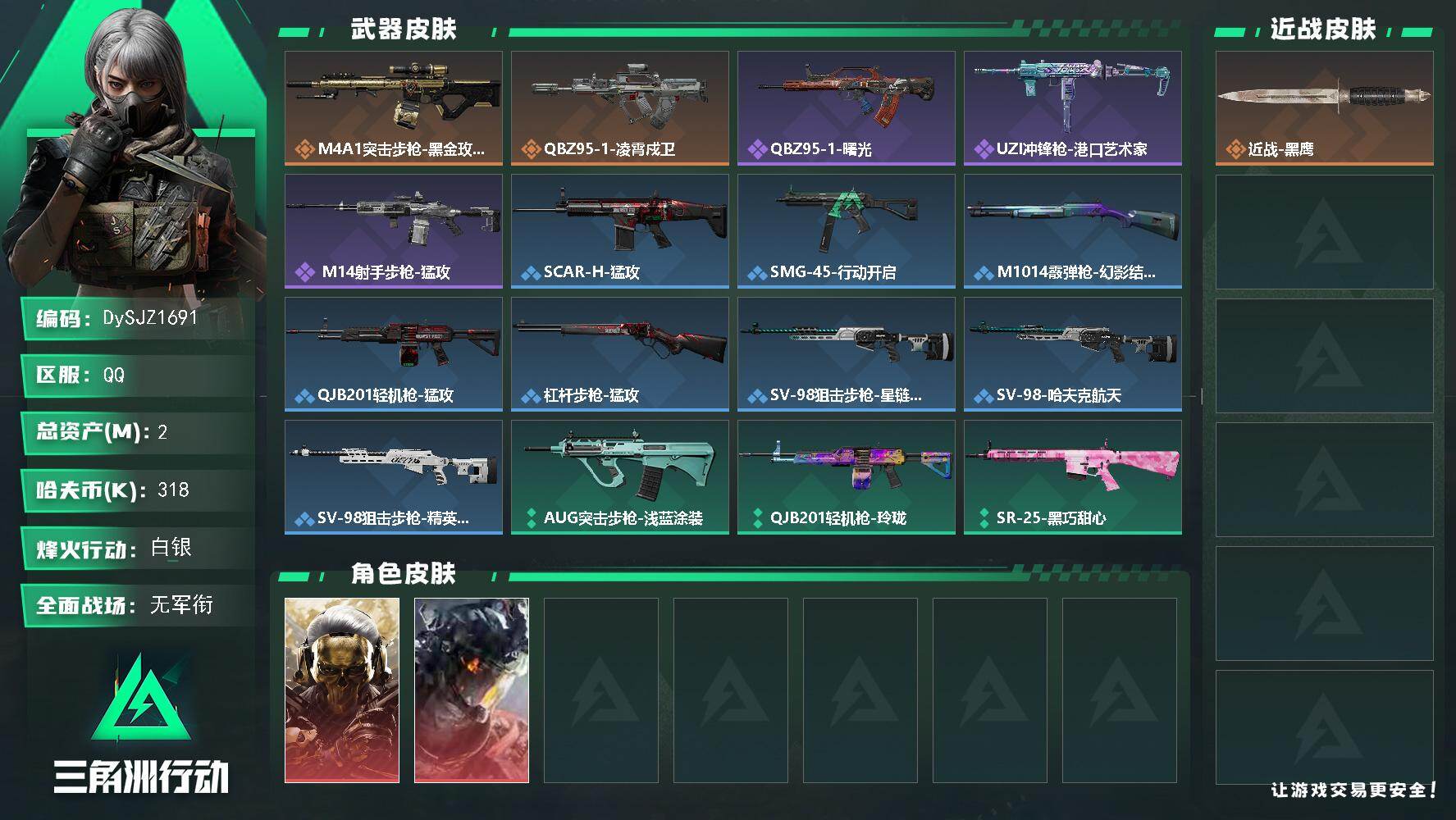 【DySJZ1691】总资产2M/哈夫币31万/干员外观数2/传说枪皮数2/战场等级1/行动等级31/安全箱等时效性道具以游戏内数据为准，详情请看图/红狼-蚀金玫瑰/威龙-凌霄戍卫/近战-黑鹰/M4