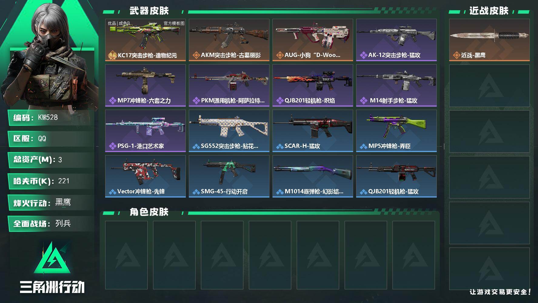 三角洲行动账号QQ【KW528】总资产3M/哈夫币22万/典藏外观数1/传说枪皮数3/战场等级8/行动等级49/安全箱等时效性道具以游戏内数据为准，详情请看图/近战-黑鹰/KC17突击步枪-造物纪元/KC17突击步枪