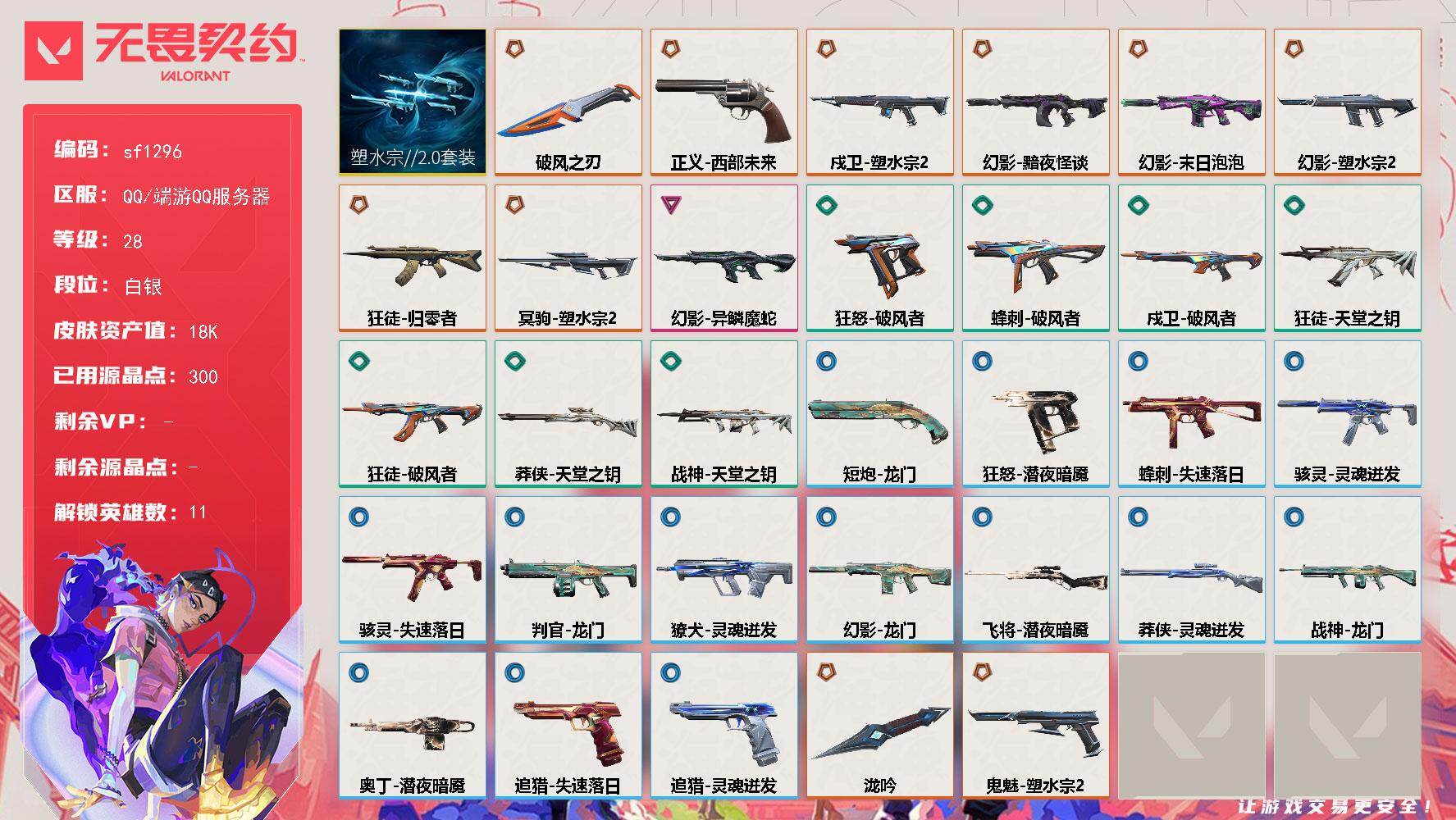 无畏契约账号QQ【sf1296】LV等级28/皮肤总价值18190/段位白银/总皮肤数量32/刀皮数量2/枪皮数量30/套装数量1/具体详情请看图/塑水宗//2.0套装/炼狱/暮蝶/捷风/不死鸟/贤者/猎枭/芮娜/