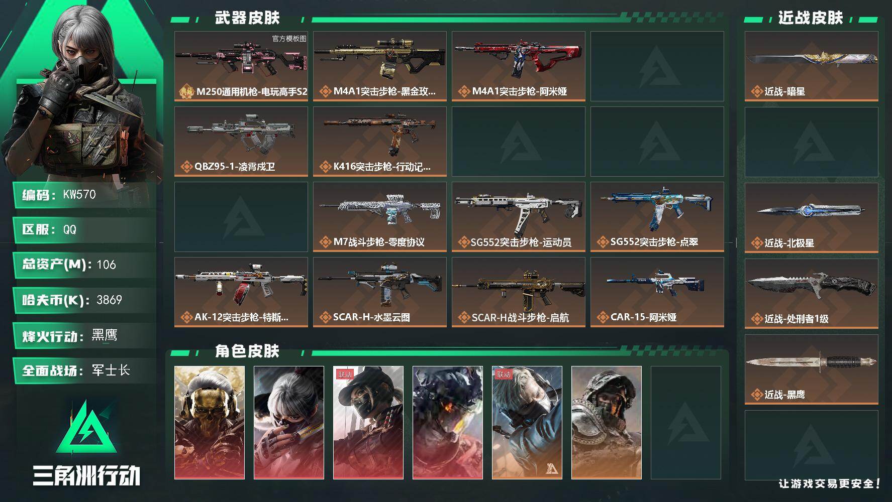 三角洲行动账号QQ【KW570】总资产106M/哈夫币386万/传说近战数4/干员外观数12/典藏外观数1/传说枪皮数42/战场等级34/行动等级60/安全箱等时效性道具以游戏内数据为准，详情请看图/红狼-蚀金玫瑰/