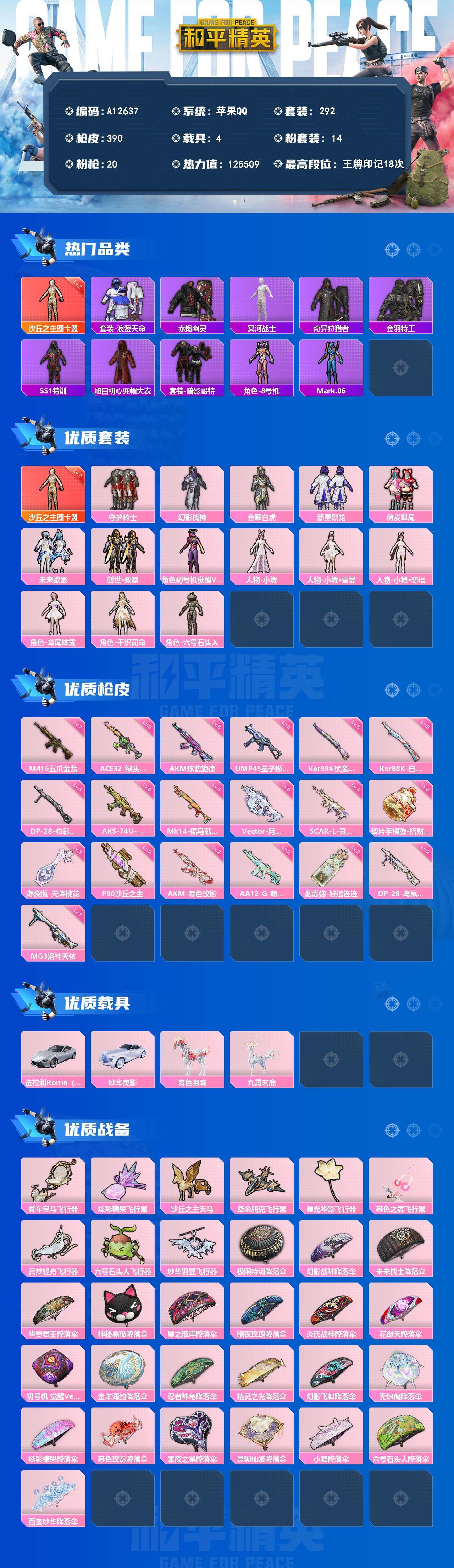 和平精英账号苹果QQ【A12637】292套装/枪械20/装备413/载具4/战备278/王牌印记18/热力值125509/六级AKM-炫紫旋律/二级AKM-暮色玫影/四级SCAR-L-灵驹仙姬/七级M416-五爪金龙
