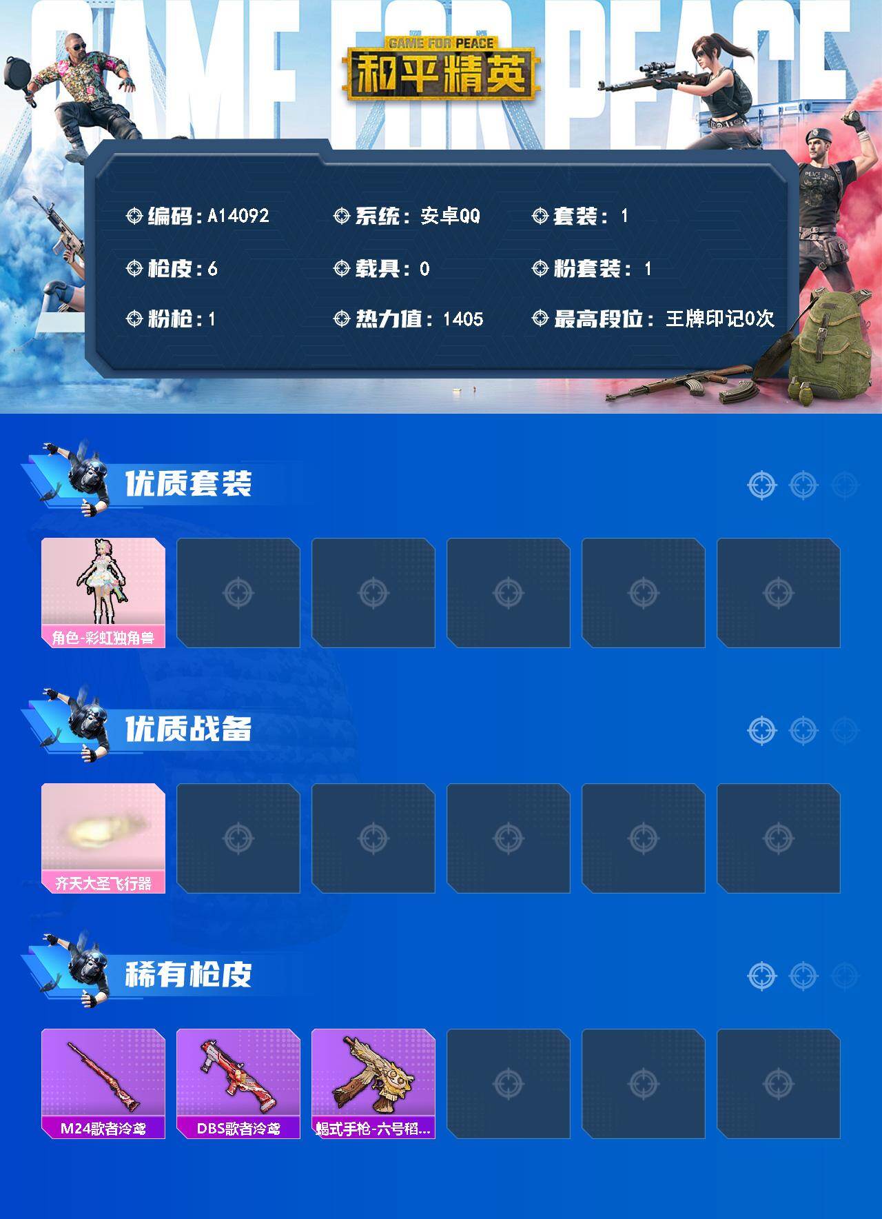 和平精英账号安卓QQ【A14092】1套装/枪械1/装备8/战备10/热力值1405/角色-彩虹独角兽/AA12-G-其乐融融/齐天大圣飞行器/M24-歌者泠鸢/DBS-歌者泠鸢/蝎式手枪-六号稻草人