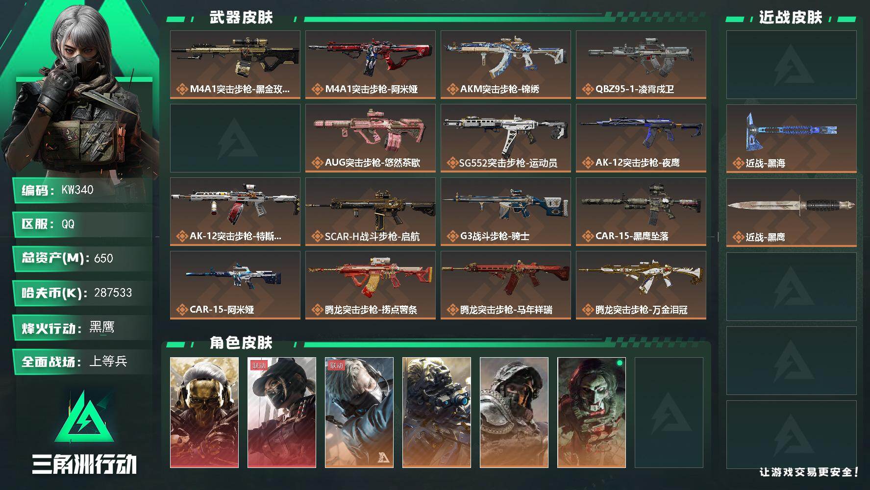 三角洲行动账号QQ【KW340】总资产650M/哈夫币28753万/传说近战数2/干员外观数9/传说枪皮数41/战场等级18/行动等级60/安全箱等时效性道具以游戏内数据为准，详情请看图/红狼-蚀金玫瑰/露娜-黑·天