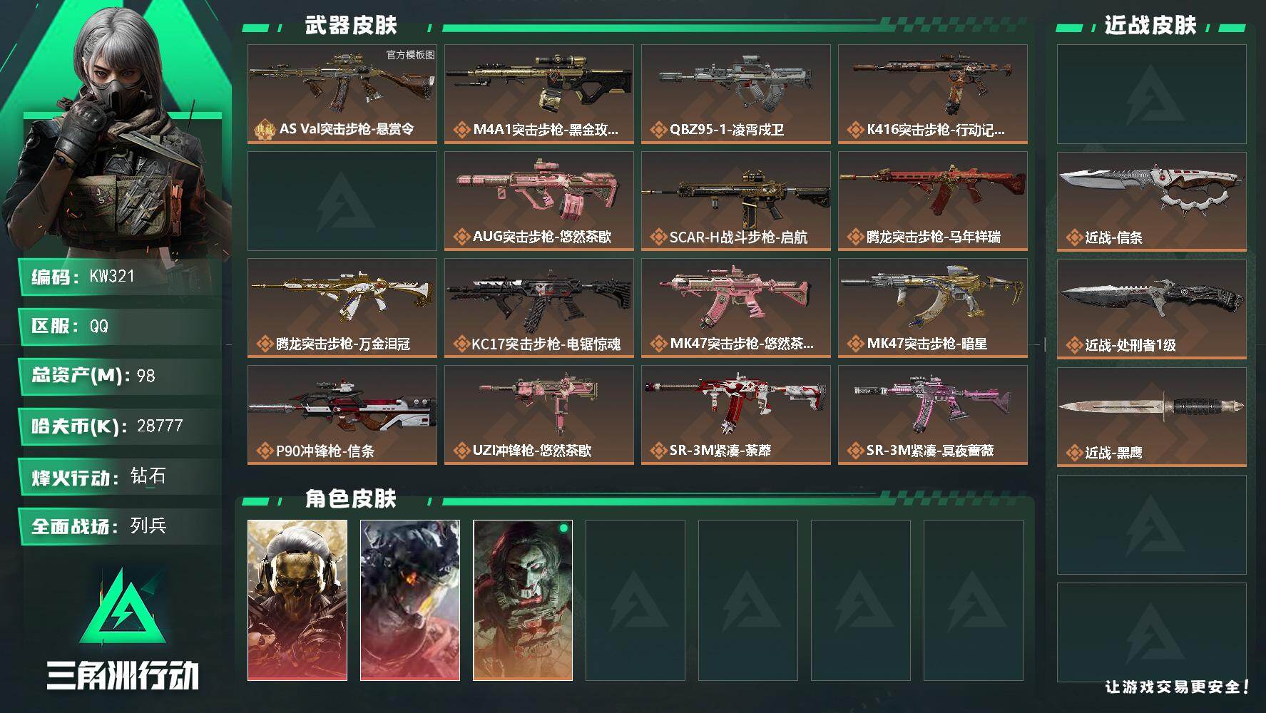 三角洲行动账号QQ【KW321】总资产98M/哈夫币2877万/传说近战数3/干员外观数3/典藏外观数1/传说枪皮数29/战场等级22/行动等级60/安全箱等时效性道具以游戏内数据为准，详情请看图/红狼-蚀金玫瑰/威