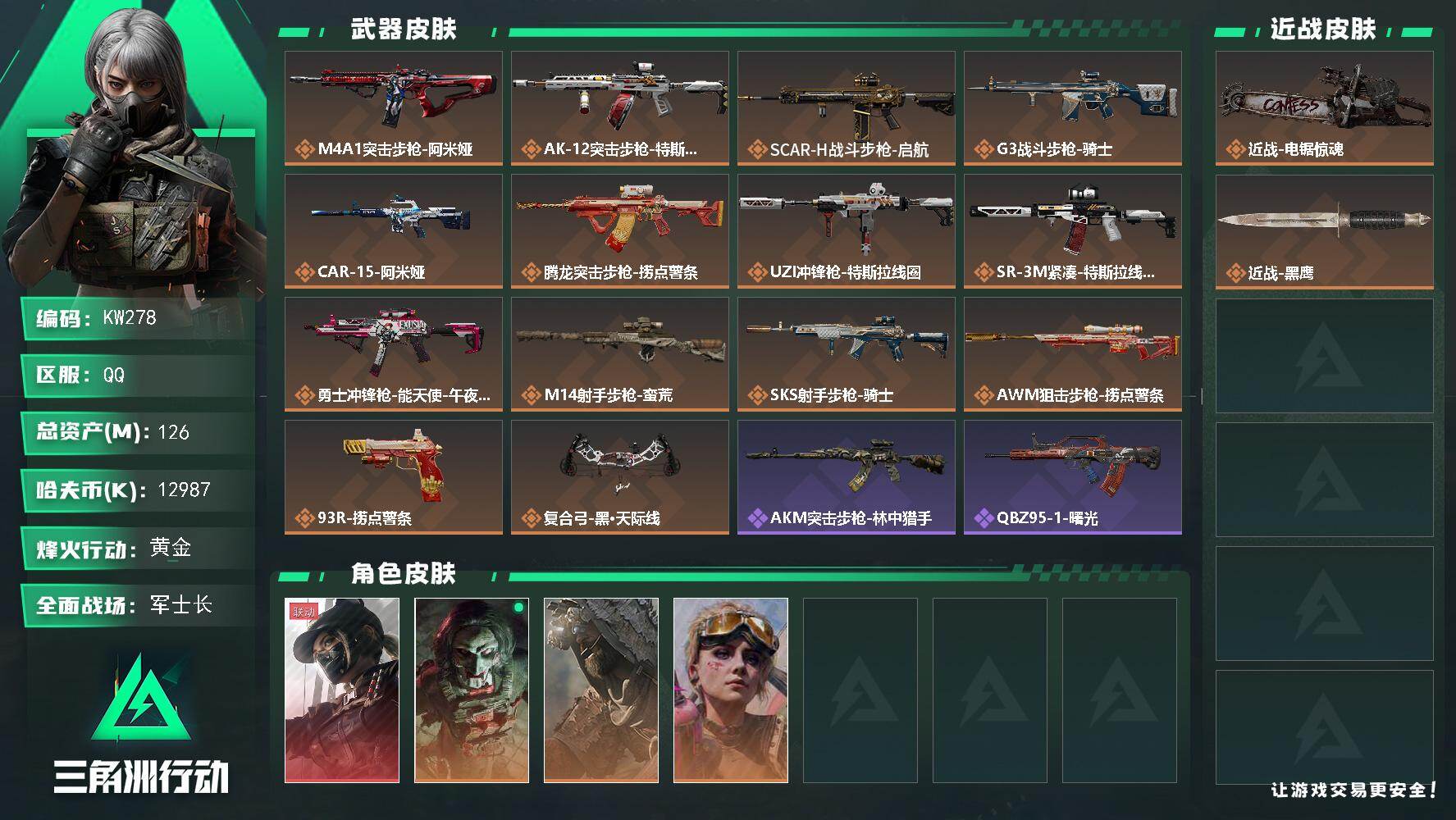 三角洲行动账号QQ【KW278】总资产126M/哈夫币1298万/传说近战数1/干员外观数5/传说枪皮数14/战场等级50/行动等级60/安全箱等时效性道具以游戏内数据为准，详情请看图/露娜-黑·天际线/红狼-电锯惊