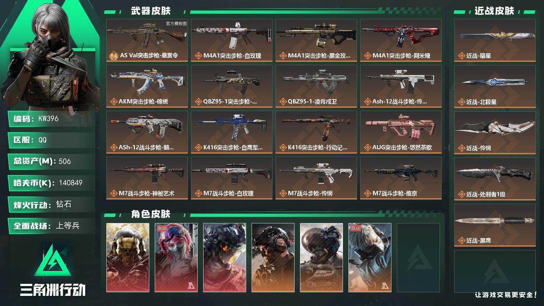 三角洲行动账号QQ【KW396】总资产506M/哈夫币14084万/传说近战数4/干员外观数12/典藏外观数1/传说枪皮数61/战场等级50/行动等级60/安全箱等时效性道具以游戏内数据为准，详情请看图/藏品-非洲之