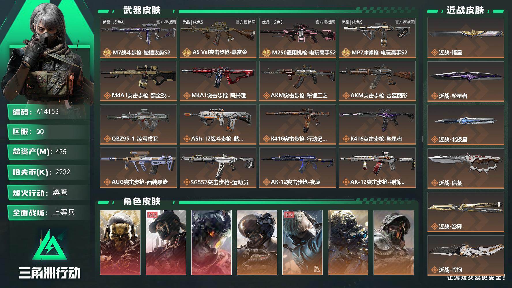 三角洲行动账号QQA14153/QQ区【9刀4砖3红部门全满10级仓库满体满负重天才少年黄金鸟窝徽章勇者之证】【总资产