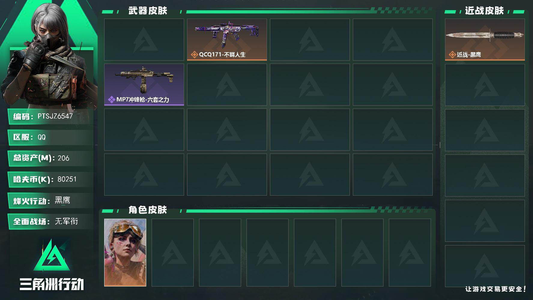 三角洲行动账号QQ【PTSJZ6547】总资产206M/哈夫币8025万/干员外观数1/传说枪皮数2/战场等级1/行动