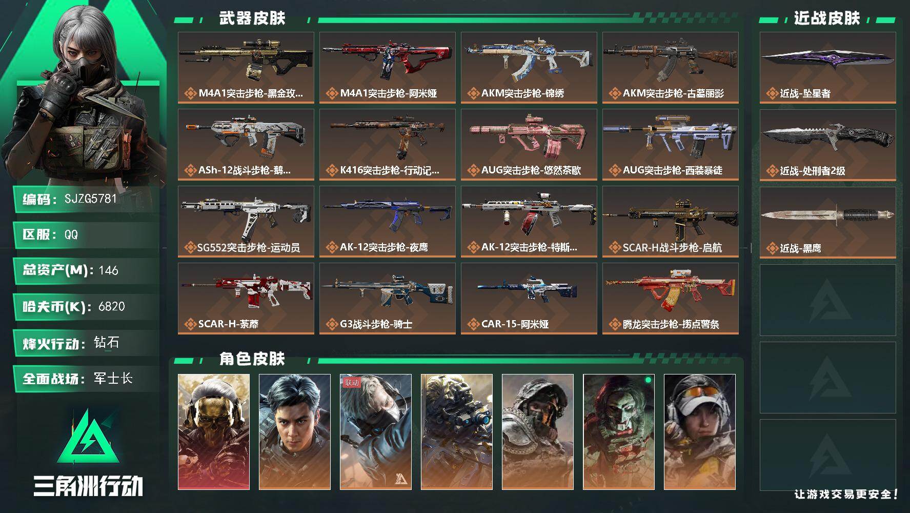 三角洲行动账号QQ【SJZG5781】总资产146M/哈夫币682万/传说近战数2/干员外观数9/传说枪皮数42/战场等级43/行动等级60/安全箱等时效性道具以游戏内数据为准，详情请看图/红狼-蚀金玫瑰/威龙-飞虎