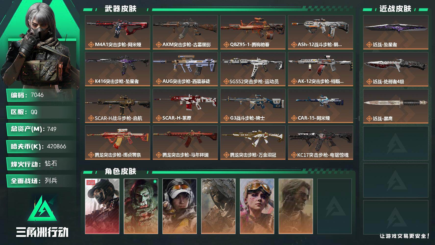 三角洲行动账号QQPX_2651667-749m总资产-420866k哈夫币-60烽火等级-钻石-15战场等级-列兵
【干员外观】：露娜-黑·天际线，红狼-电锯惊魂，露娜-金牌射手，乌鲁鲁-荒原猎手，蛊-不羁