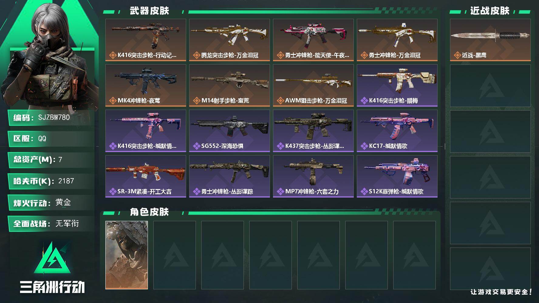 三角洲行动账号QQ【SJZBW780】总资产7M/哈夫币218万/干员外观数1/传说枪皮数7/战场等级2/行动等级57/安全箱等时效性道具以游戏内数据为准，详情请看图/乌鲁鲁-荒原猎手/近战-黑鹰/K416突击步枪-