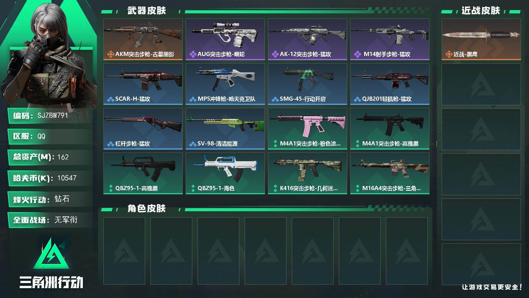 三角洲行动账号QQ【SJZBW791】总资产162M/哈夫币1054万/传说枪皮数1/战场等级1/行动等级60/安全箱等时效性道具以游戏内数据为准，详情请看图/近战-黑鹰/AKM突击步枪-古墓丽影/QBZ95-1突击