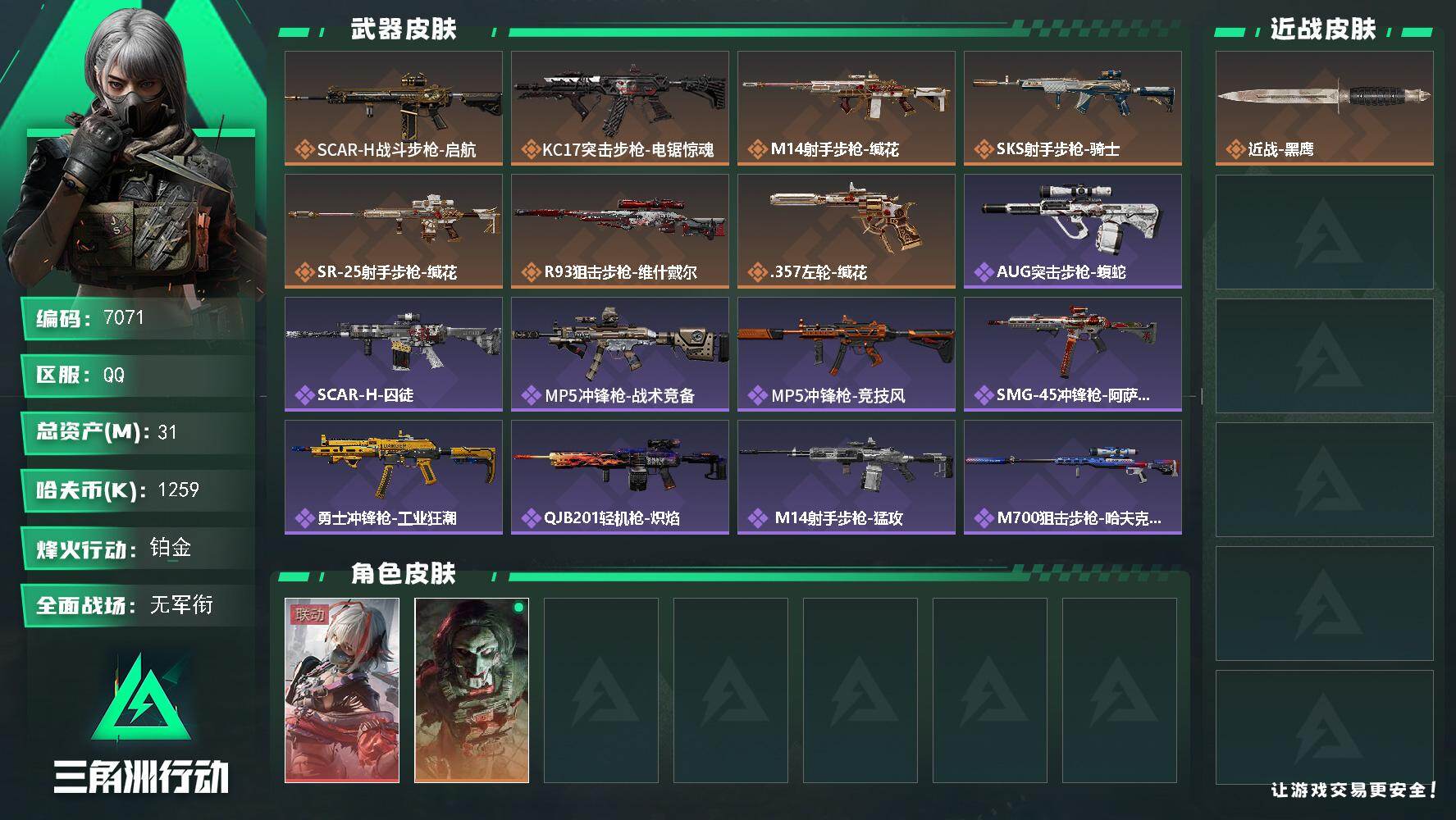 三角洲行动账号QQPX_2652609-31m总资产-1259k哈夫币-56烽火等级-铂金-1战场等级-无军衔
【干员外观】：骇爪-维什戴尔，红狼-电锯惊魂
【近战皮肤】：近战-黑鹰
【传说外观】：SCAR-