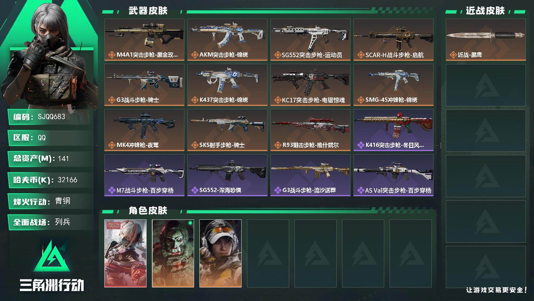 三角洲行动账号QQ【SJQQ683】总资产141M/哈夫币3216万/干员外观数3/传说枪皮数11/战场等级26/行动等级57/安全箱等时效性道具以游戏内数据为准，详情请看图/骇爪-维什戴尔/红狼-电锯惊魂/露娜-金