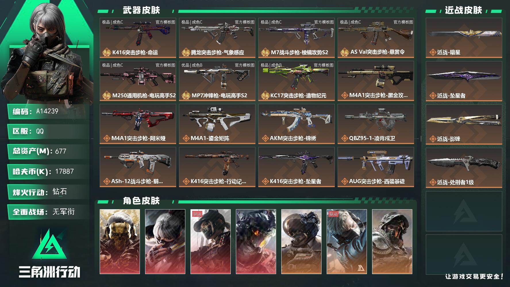 三角洲行动账号QQA14239/QQ区【三角劵14119】【高资产高特勤天才少年黄金鸟窝极品CM7极品C巨浪7砖皮4刀