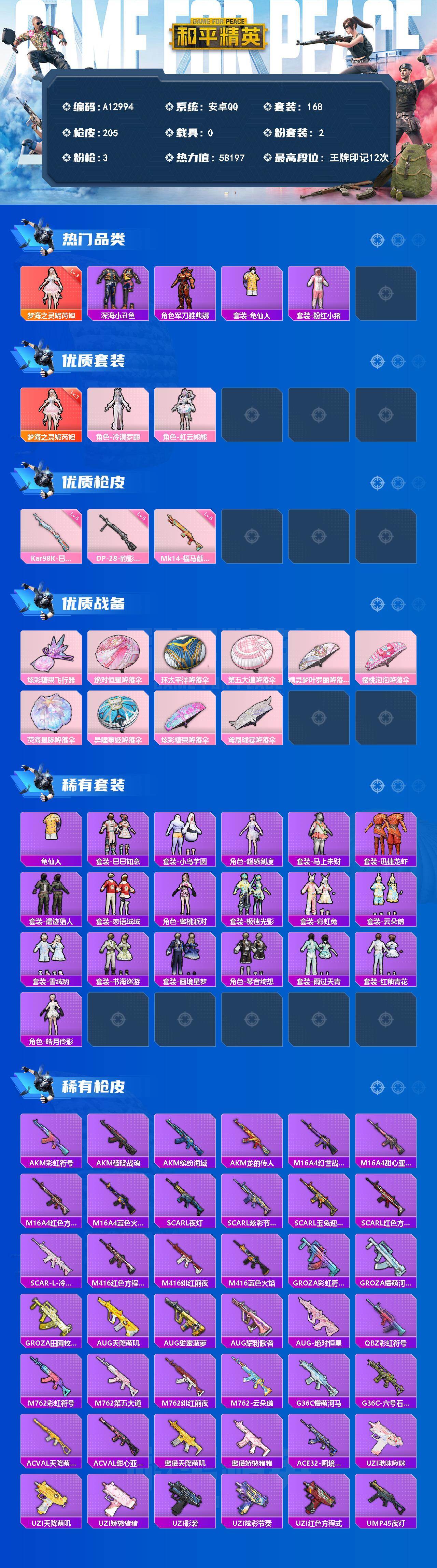 和平精英账号安卓QQ【A12994】168套装/枪械3/装备250/战备175/王牌印记12/热力值58197/五级Kar98K-巳巳如意/五级Mk14-福马献瑞/五级DP-28-豹影疾电/三级梦海之灵-妮芮妲/梦海之