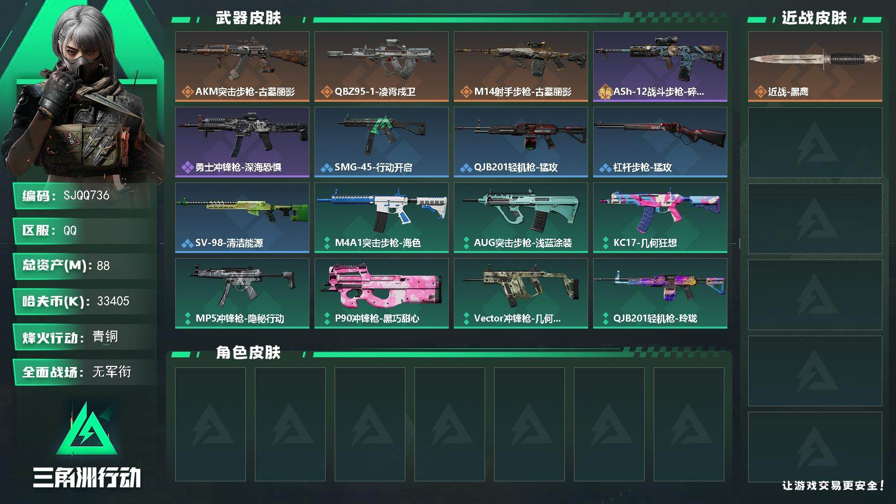 三角洲行动账号QQ【SJQQ736】总资产88M/哈夫币3340万/传说枪皮数3/战场等级4/行动等级58/安全箱等时效性道具以游戏内数据为准，详情请看图/近战-黑鹰/AKM突击步枪-古墓丽影/QBZ95-1突击步枪
