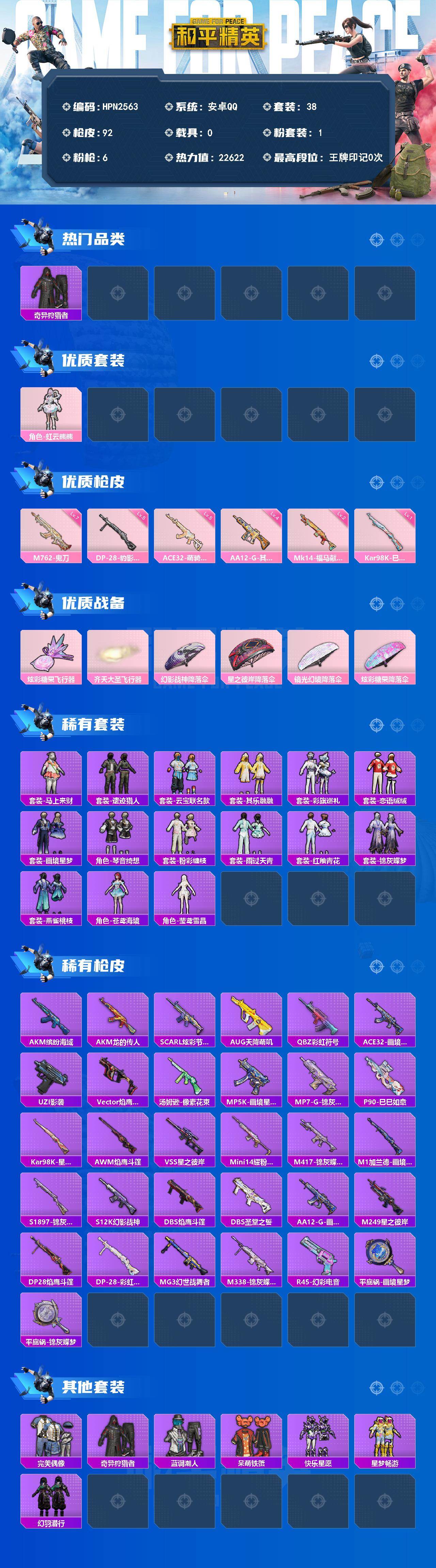 和平精英账号安卓QQ【HPN2563】38套装/枪械6/装备117/战备38/热力值22622/四级AA12-G-其乐融融/七级M762-鬼刀/五级ACE32-萌骑漫游/一级Kar98K-巳巳如意/二级Mk14-福马献