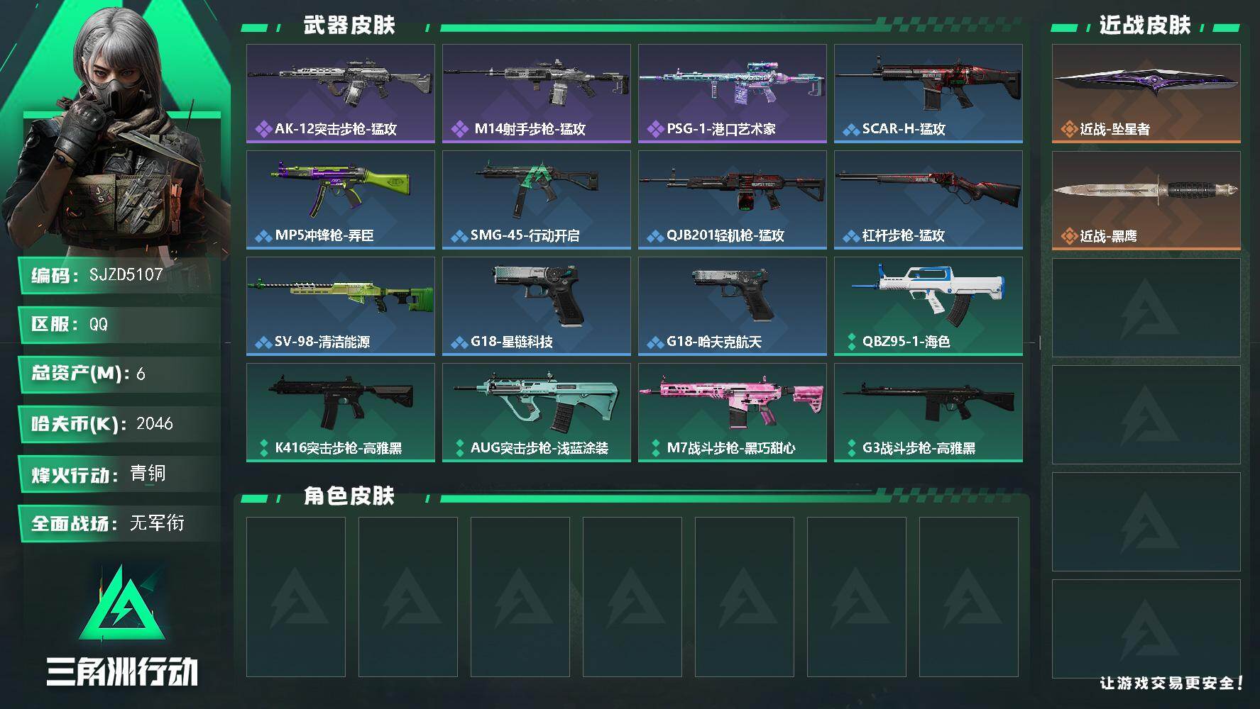 三角洲行动账号QQ【SJZD5107】总资产6M/哈夫币204万/传说近战数1/战场等级1/行动等级33/安全箱等时效性道具以游戏内数据为准，详情请看图/近战-坠星者/近战-黑鹰/QBZ95-1突击步枪-战术甲胄/A