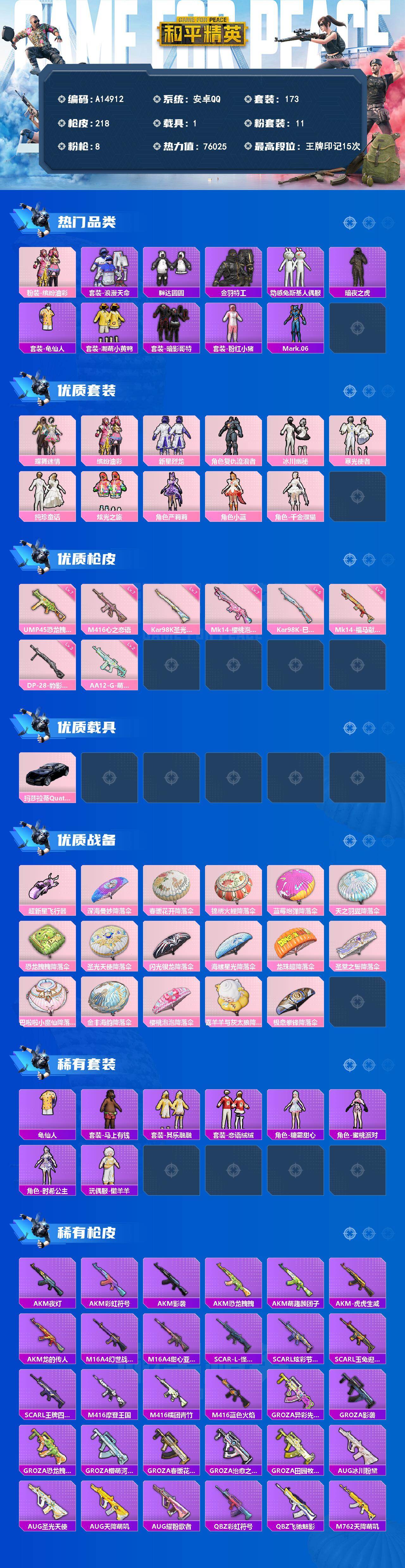 和平精英账号安卓QQ【A14912】173套装/枪械8/装备290/载具1/战备175/王牌印记15/热力值76025/七级M416-心之恋语/七级UMP45-恐龙拽拽/七级Kar98K-圣光天使/五级Kar98K-巳
