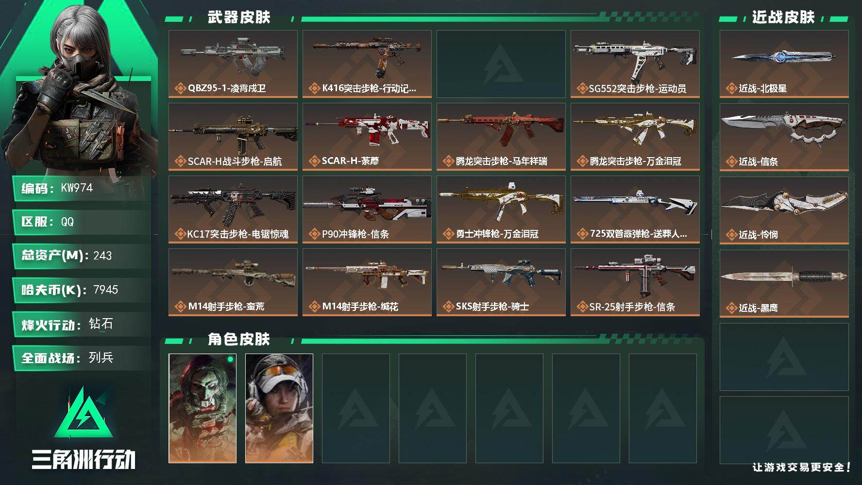 三角洲行动账号QQ【KW974】总资产243M/哈夫币794万/传说近战数3/干员外观数2/传说枪皮数20/战场等级28/行动等级60/安全箱等时效性道具以游戏内数据为准，详情请看图/红狼-电锯惊魂/露娜-金牌射手/