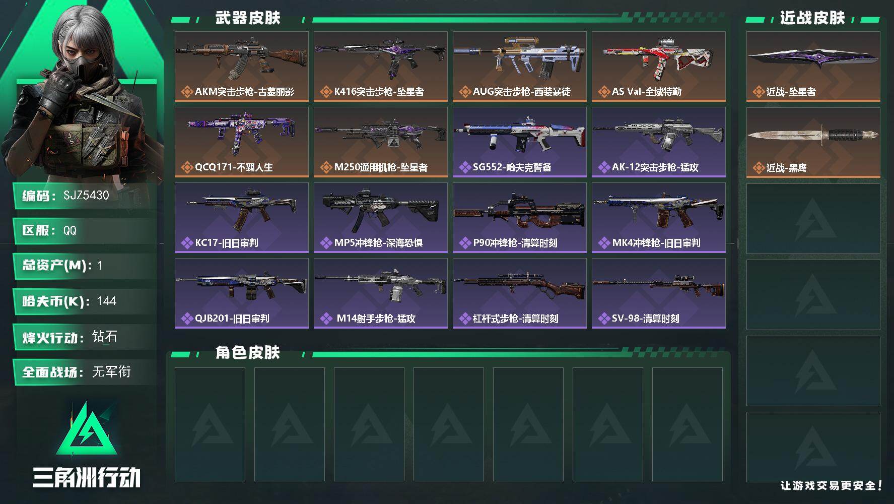 三角洲行动账号QQ【SJZ5430】总资产1M/哈夫币14万/传说近战数1/传说枪皮数6/战场等级1/行动等级60/安全箱等时效性道具以游戏内数据为准，详情请看图/近战-坠星者/近战-黑鹰/AKM突击步枪-古墓丽影/