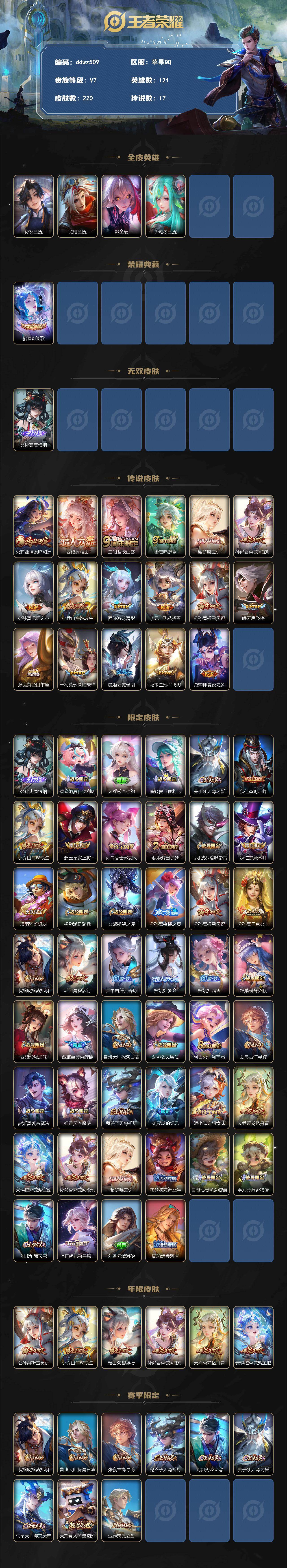 【ddwz509】苹果Q-V7-尊贵铂金I段位-121英雄-220皮肤-1典藏皮肤-1无双-17传说-75史诗
【英雄全皮】:孙权全皮,戈娅全皮,影全皮,少司缘全皮
【荣耀典藏】:貂蝉幻阙歌
【无双