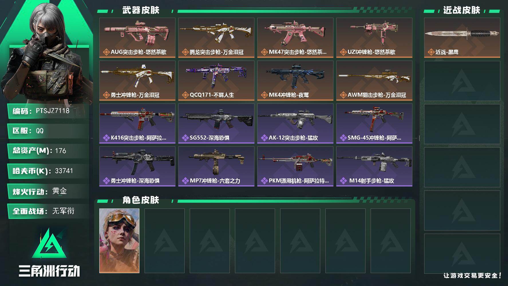 三角洲行动账号QQ【PTSJZ7118】总资产176M/哈夫币3374万/干员外观数1/传说枪皮数8/战场等级1/行动
