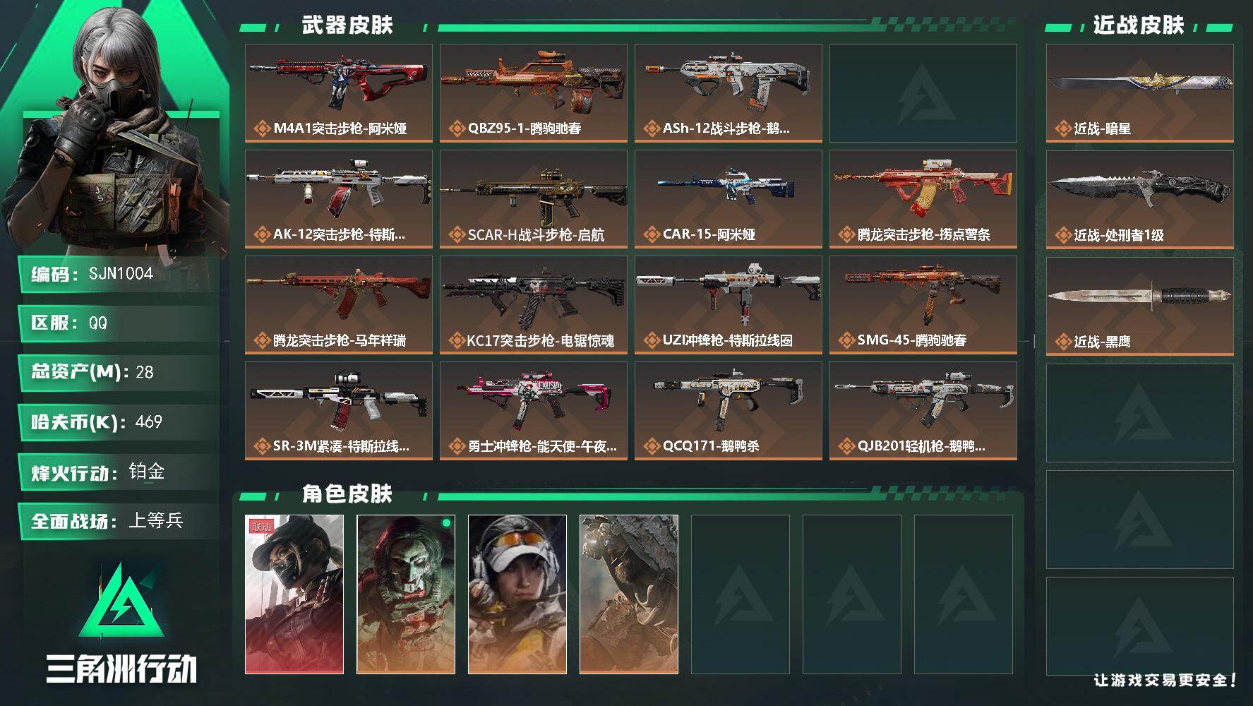 三角洲行动账号QQ【SJN1004】总资产28M/哈夫币46万/传说近战数2/干员外观数4/传说枪皮数25/战场等级32/行动等级60/安全箱等时效性道具以游戏内数据为准，详情请看图/露娜-黑·天际线/红狼-电锯惊魂
