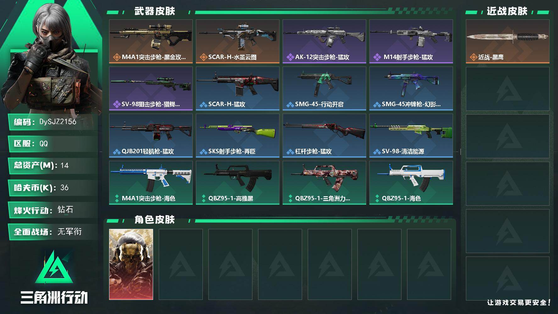 三角洲行动账号QQ【DySJZ2156】总资产14M/哈夫币3万/干员外观数1/传说枪皮数2/战场等级1/行动等级47/安全箱等时效性道具以游戏内数据为准，详情请看图/红狼-蚀金玫瑰/近战-黑鹰/M4A1突击步枪-蚀