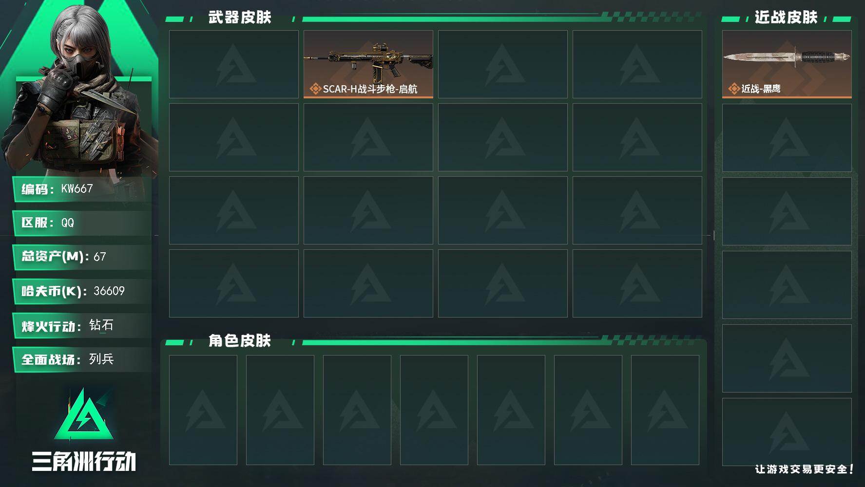 三角洲行动账号QQ【KW667】总资产67M/哈夫币3660万/干员外观数1/传说枪皮数3/战场等级11/行动等级40/安全箱等时效性道具以游戏内数据为准，详情请看图/露娜-劳拉·克劳馥/近战-黑鹰/AKM突击步枪-