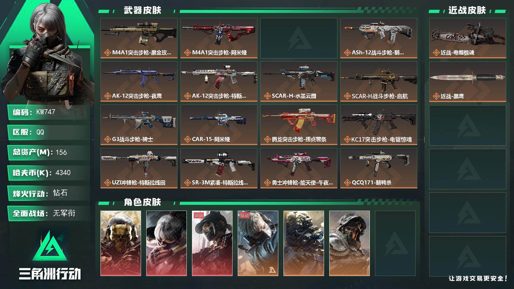 三角洲行动账号QQ【KW747】总资产156M/哈夫币434万/传说近战数1/干员外观数7/传说枪皮数24/战场等级5/行动等级60/安全箱等时效性道具以游戏内数据为准，详情请看图/红狼-蚀金玫瑰/骇爪-水墨云图/露